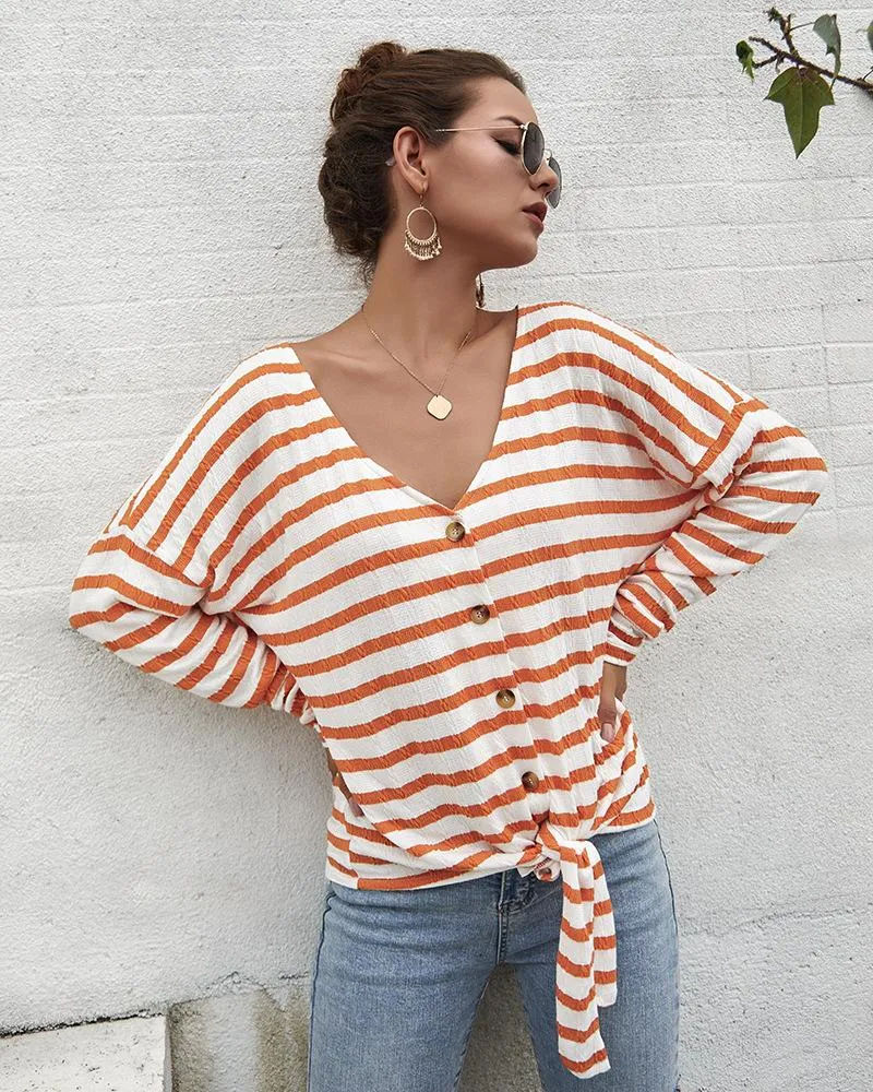 Women's Striped Tie Knot Button Down Shirts Casual Blouse