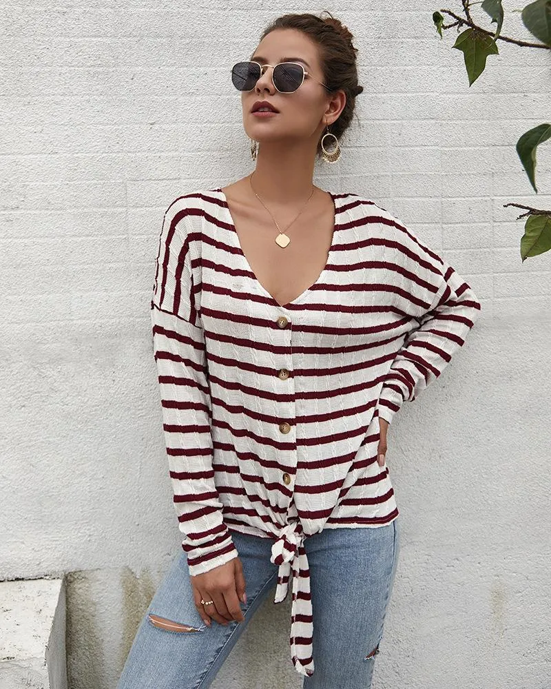 Women's Striped Tie Knot Button Down Shirts Casual Blouse