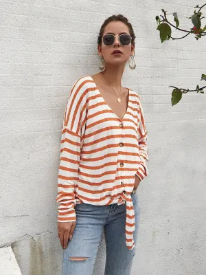Women's Striped Tie Knot Button Down Shirts Casual Blouse