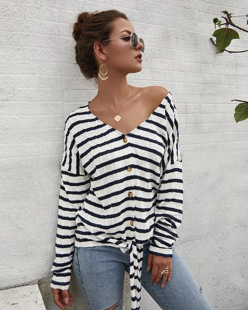 Women's Striped Tie Knot Button Down Shirts Casual Blouse