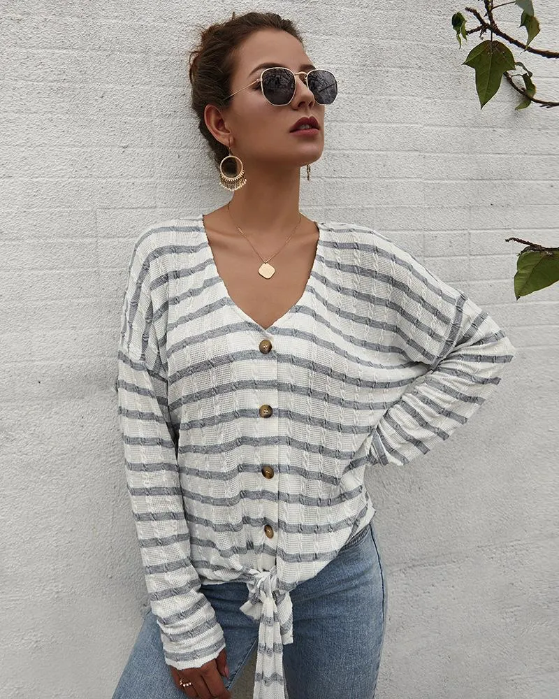 Women's Striped Tie Knot Button Down Shirts Casual Blouse