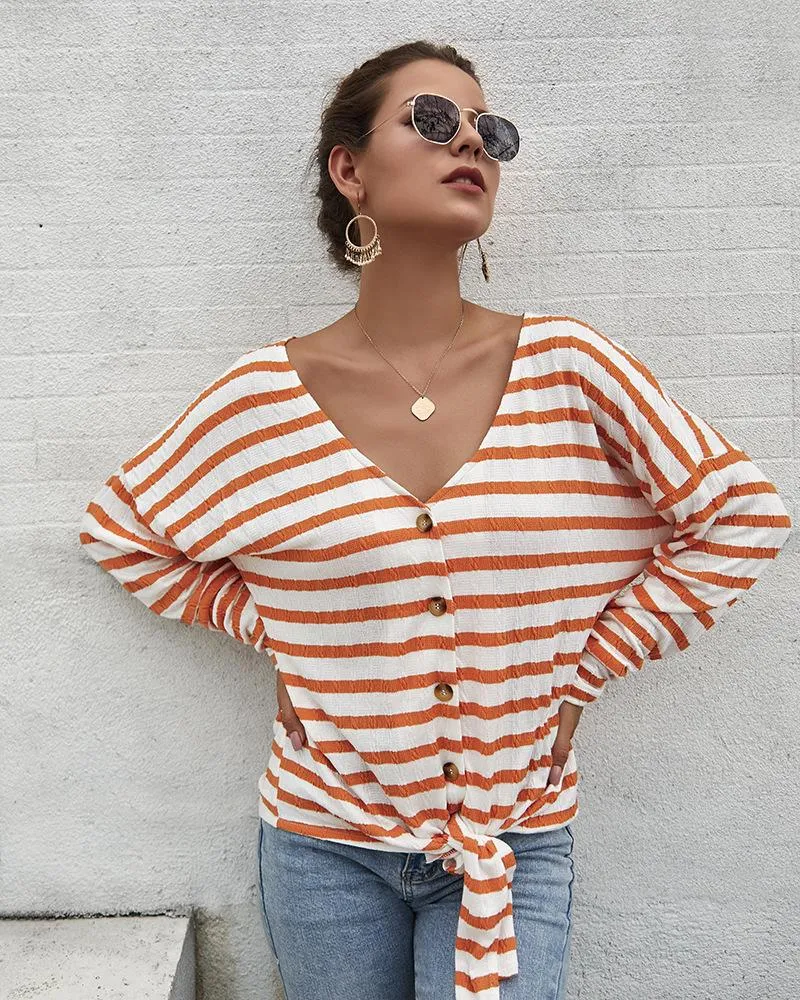 Women's Striped Tie Knot Button Down Shirts Casual Blouse