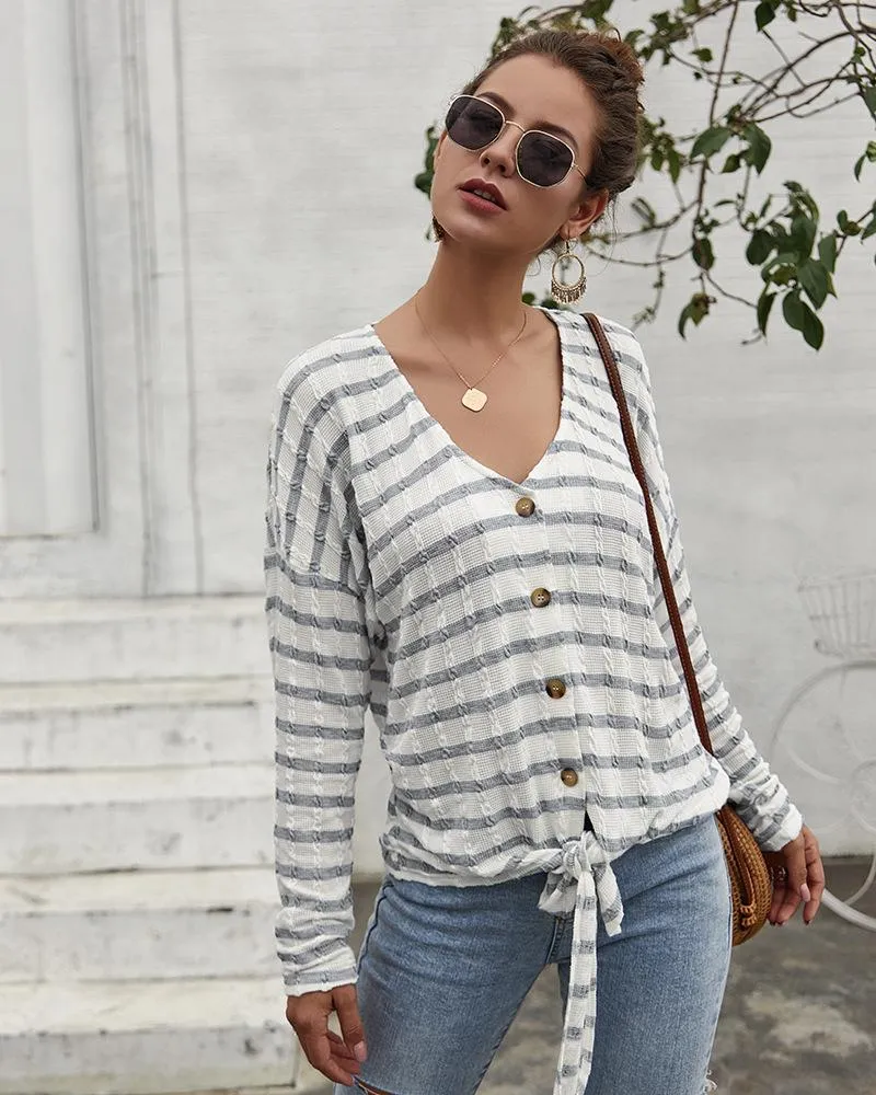 Women's Striped Tie Knot Button Down Shirts Casual Blouse