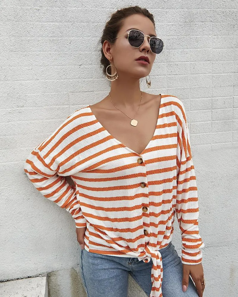 Women's Striped Tie Knot Button Down Shirts Casual Blouse