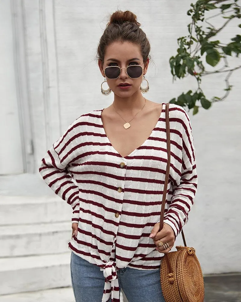 Women's Striped Tie Knot Button Down Shirts Casual Blouse