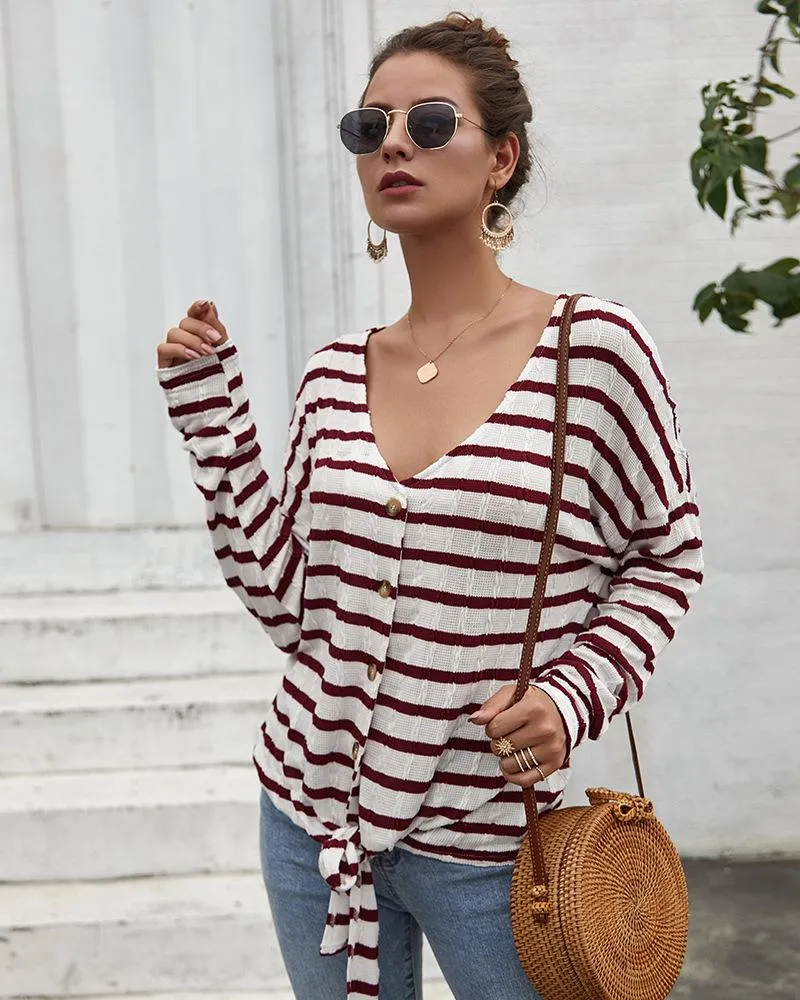 Women's Striped Tie Knot Button Down Shirts Casual Blouse