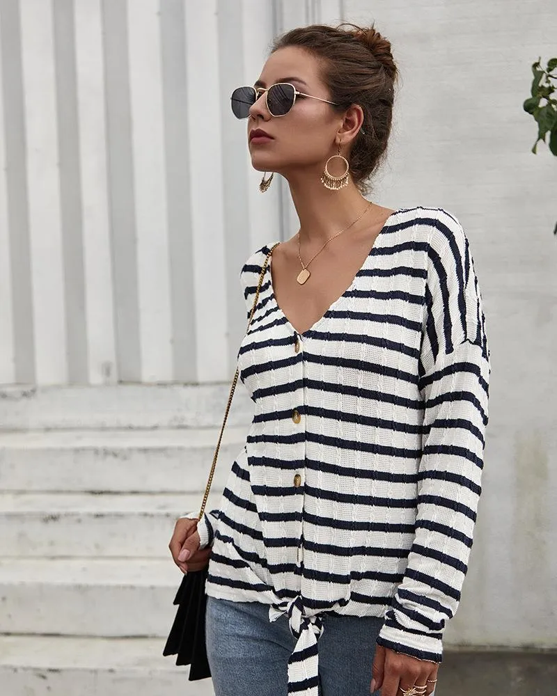 Women's Striped Tie Knot Button Down Shirts Casual Blouse