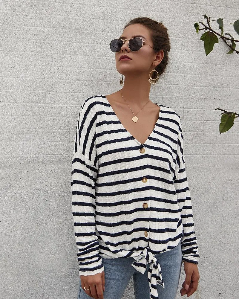 Women's Striped Tie Knot Button Down Shirts Casual Blouse