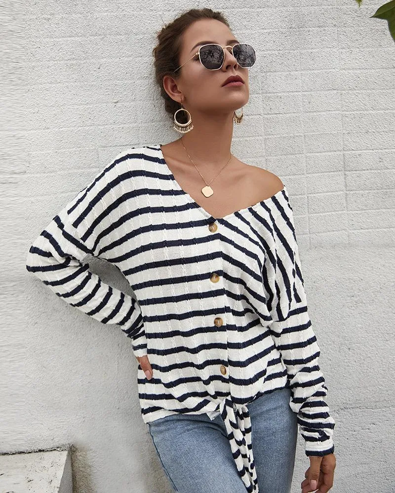 Women's Striped Tie Knot Button Down Shirts Casual Blouse