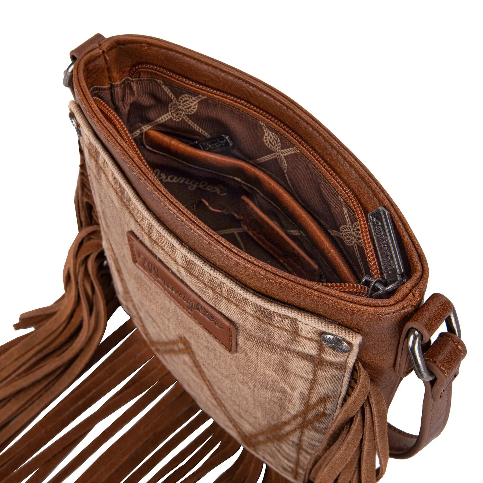 Wrangler Leather Fringe Jean Denim Pocket Crossbody - Light Brown