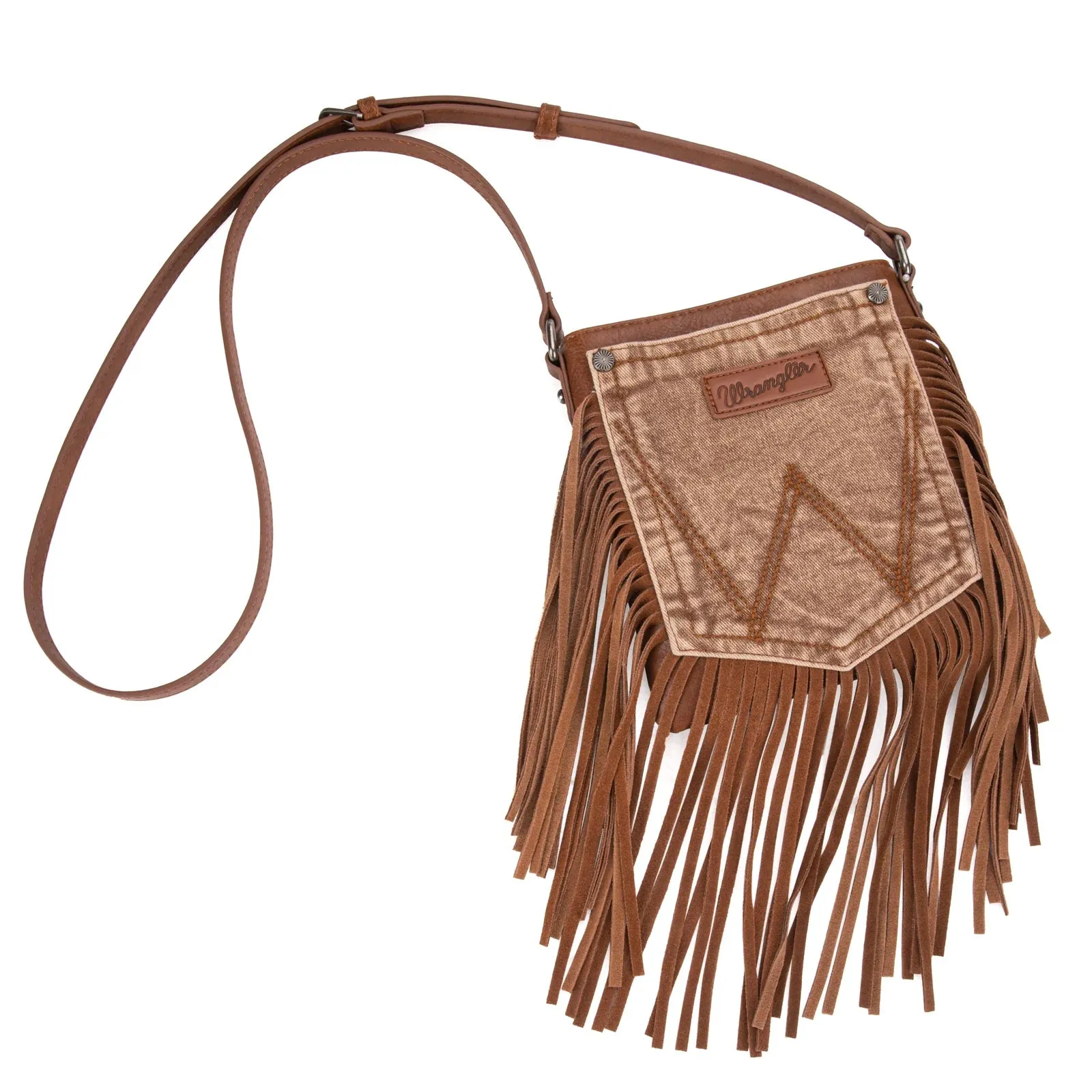 Wrangler Leather Fringe Jean Denim Pocket Crossbody - Light Brown