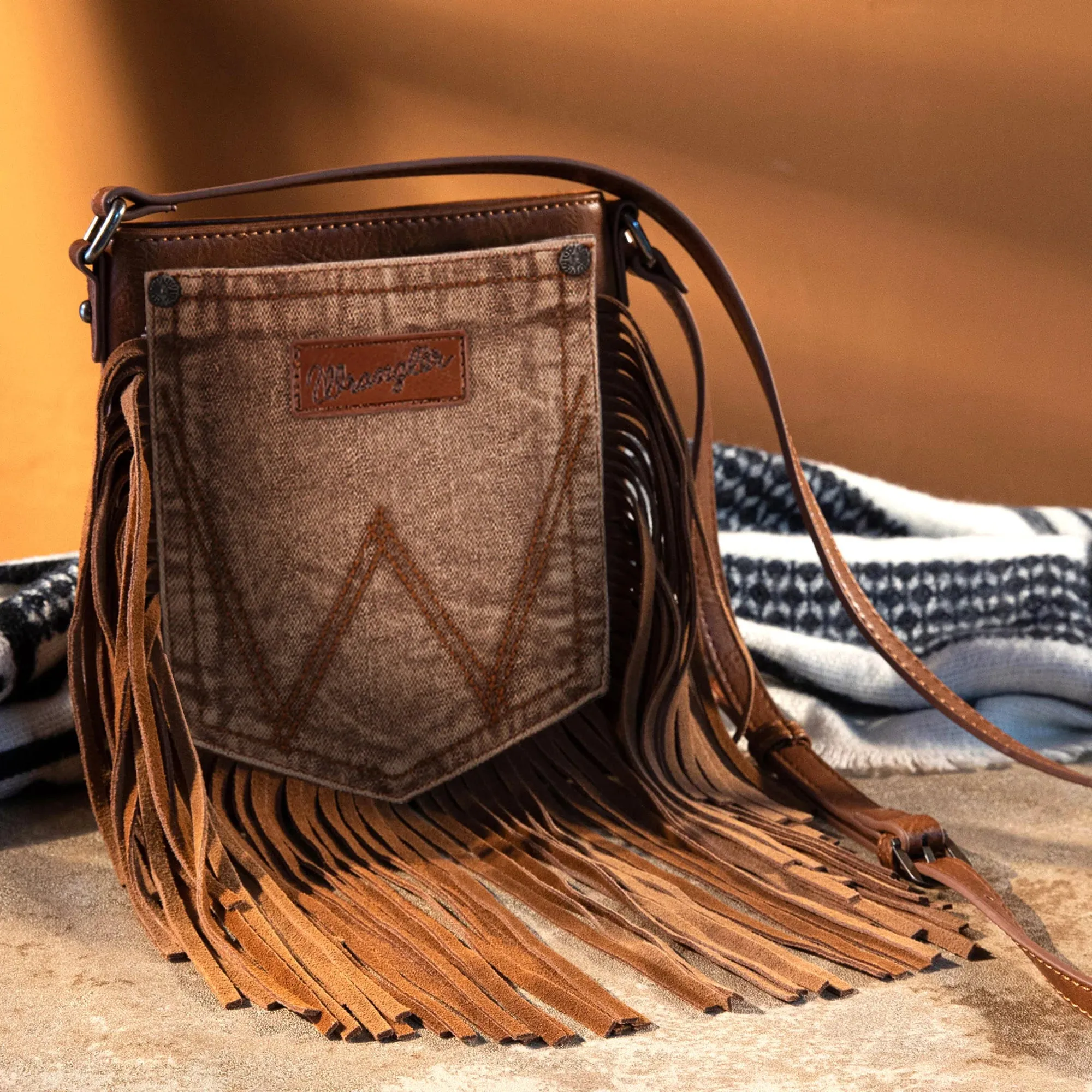 Wrangler Leather Fringe Jean Denim Pocket Crossbody - Light Brown
