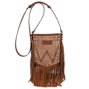 Wrangler Leather Fringe Jean Denim Pocket Crossbody - Light Brown