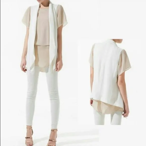 Zara Long Off White Open Cardigan Vest