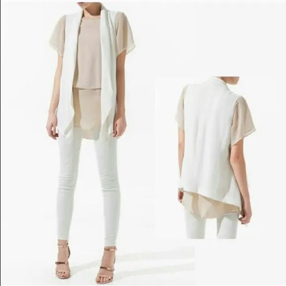 Zara Long Off White Open Cardigan Vest